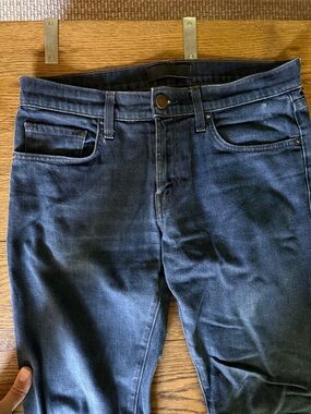 J Brand Tyler Resin Jeans in Dark Wash with Brown Contrast Stitching